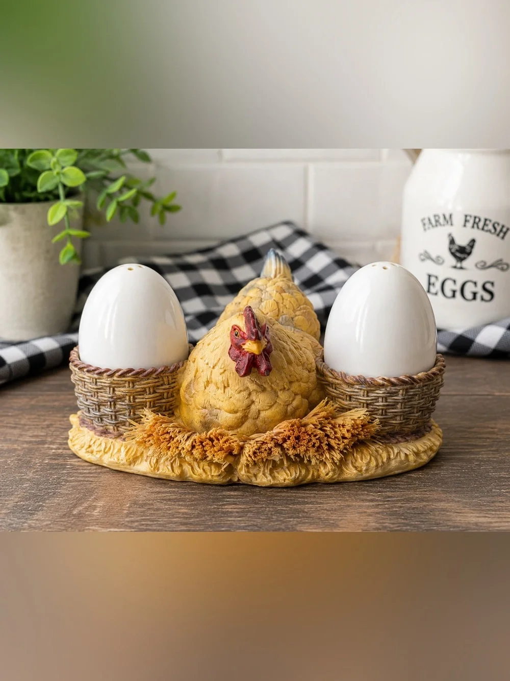 Ceramic Hen Egg Holder Salt & Pepper Shaker Set Farmhouse Chicken Kitchen Decor